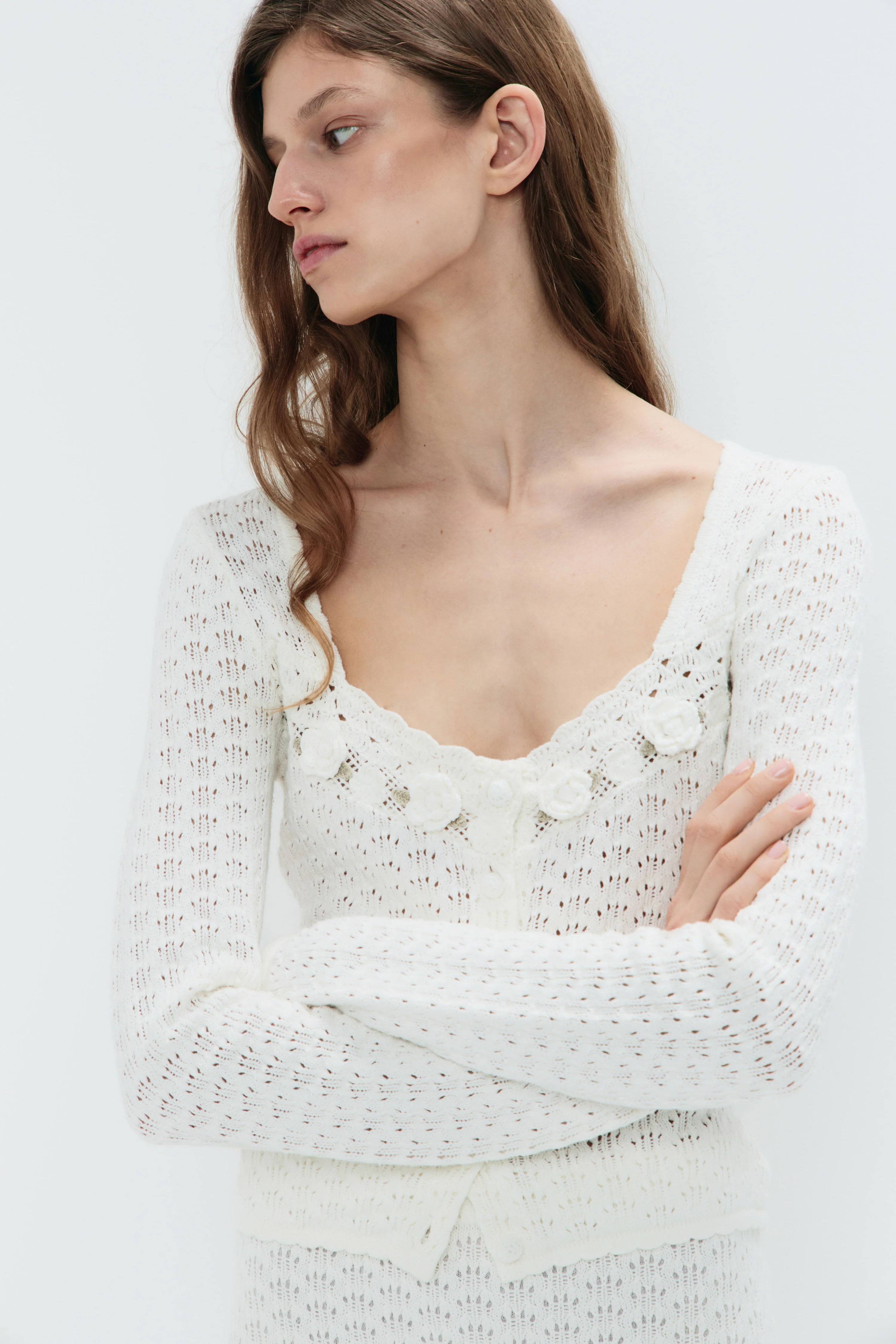 CROCHET-LOOK KNIT CARDIGAN