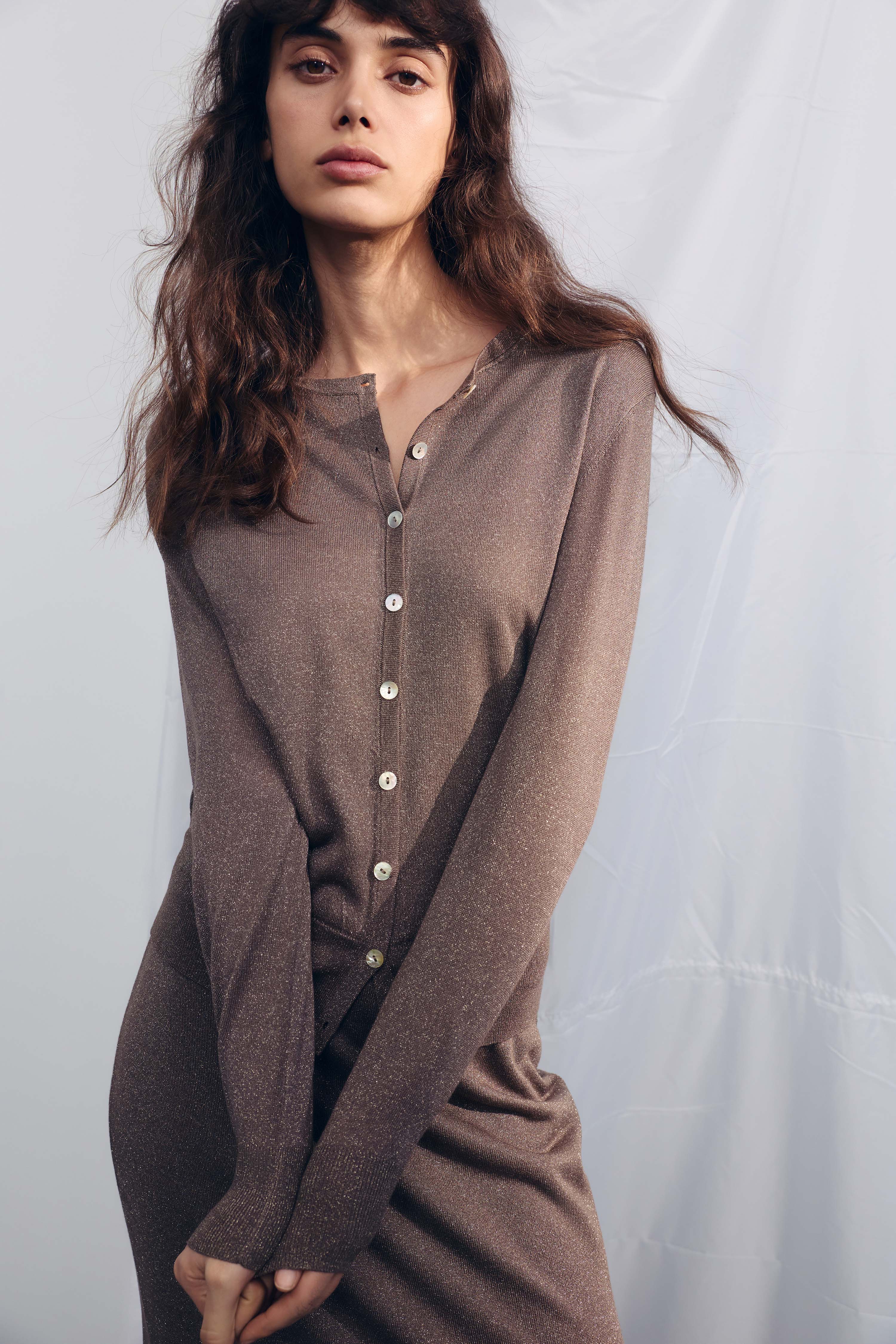 KNITTED LYOCELL METALLIC CARDIGAN