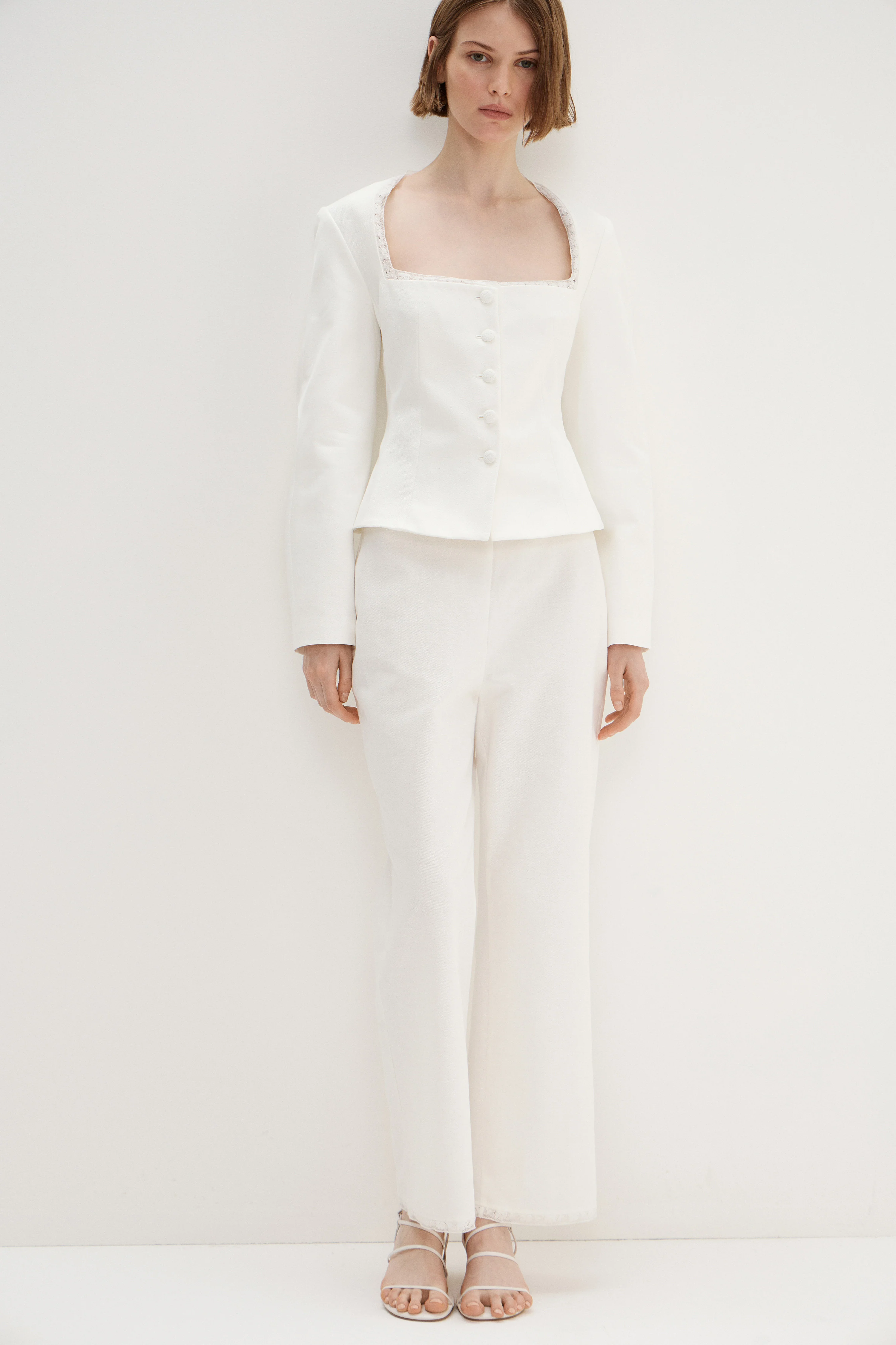 LACE-TRIMMED COTTON-LINEN TROUSERS
